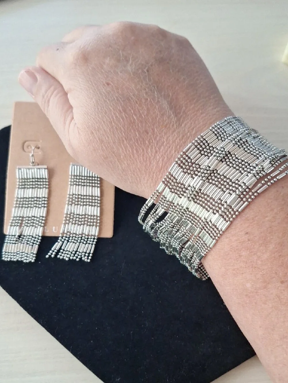 Plunder Silver Beaded Fringe Statement Earrings & Matching Cuff Bracelet Set NWT